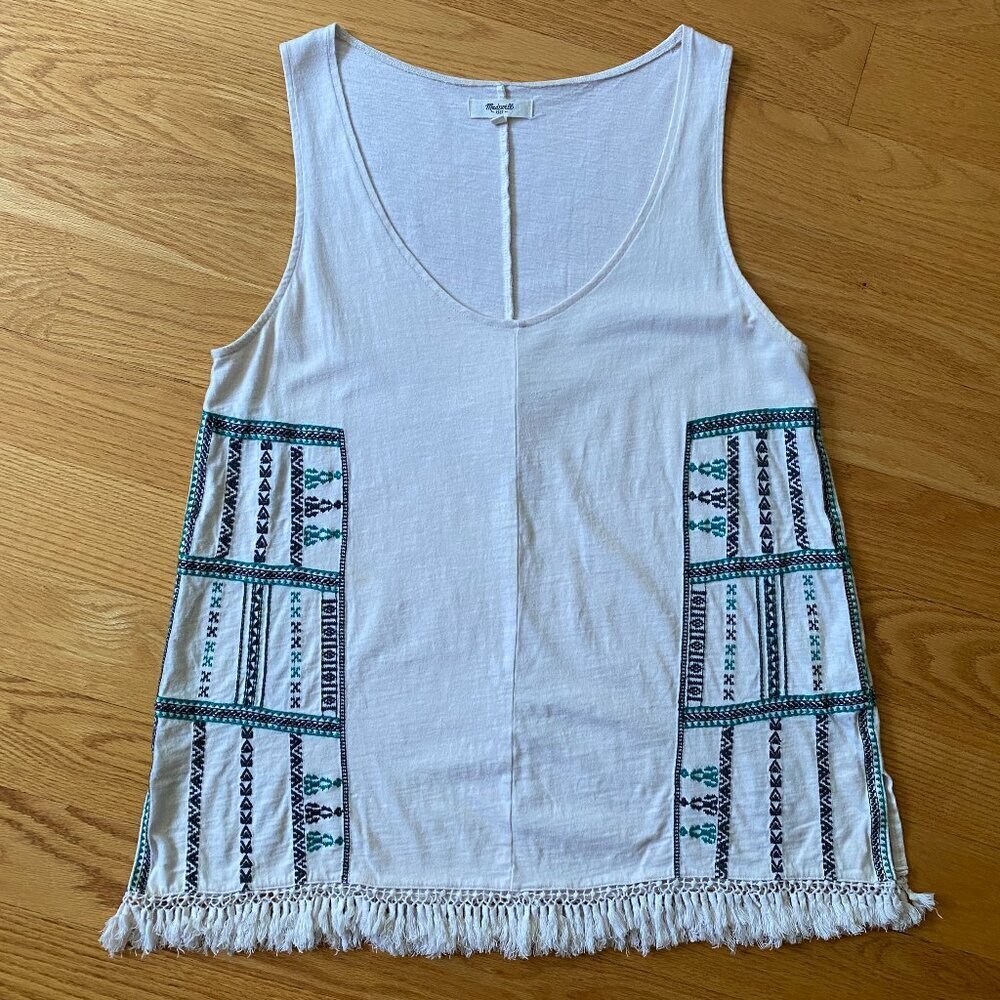 Madewell embroidered cotton tank top. Fringe along bottom